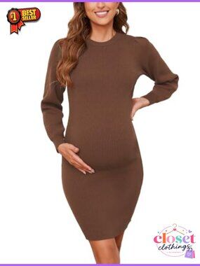 Maternity Knit Sweater Dress Long Bishop Sleeve Bodycon Mini
